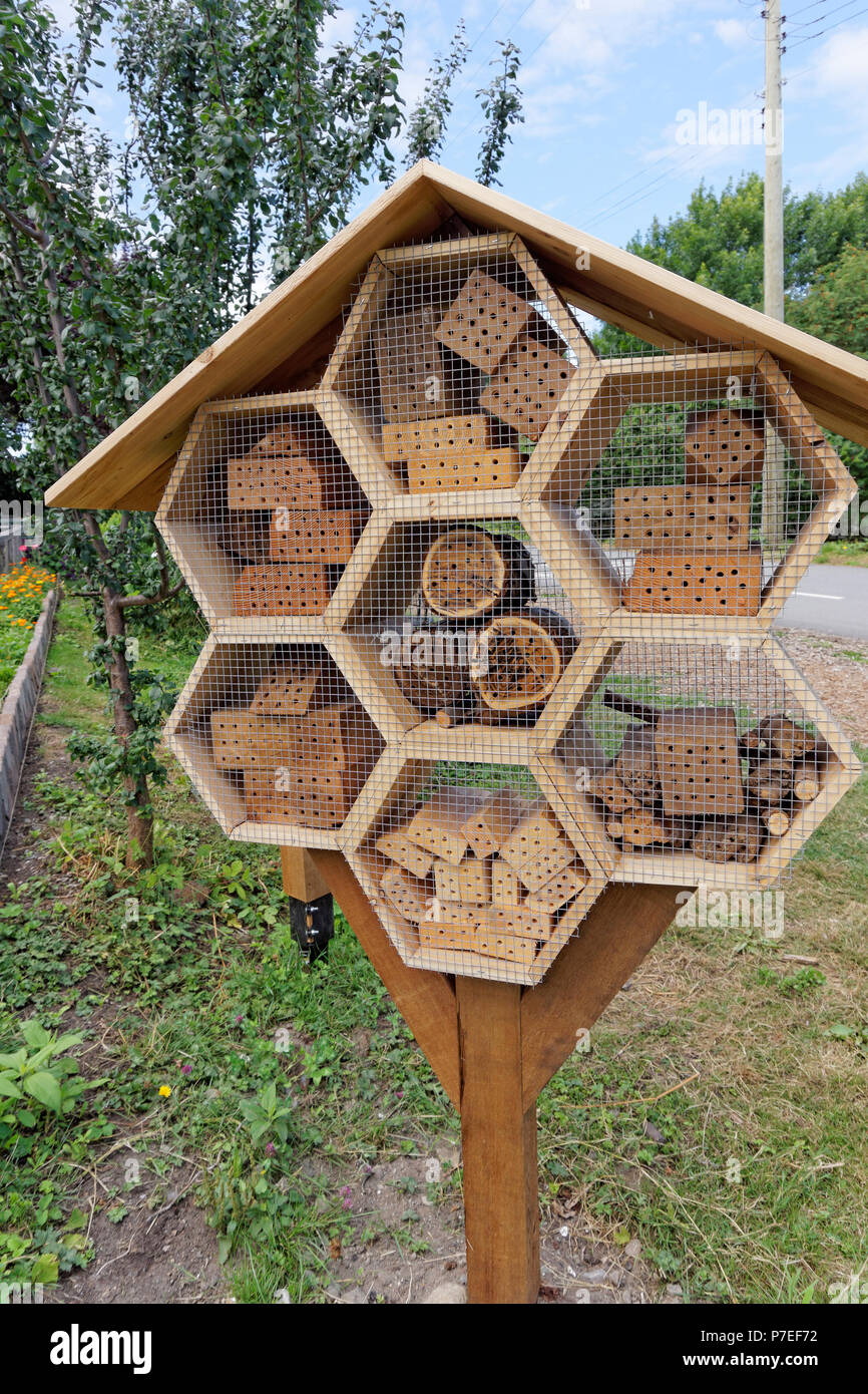 Wooden bee hotel pollinator housing in a community garden, Vancouver, BC, Canada Stock Photo