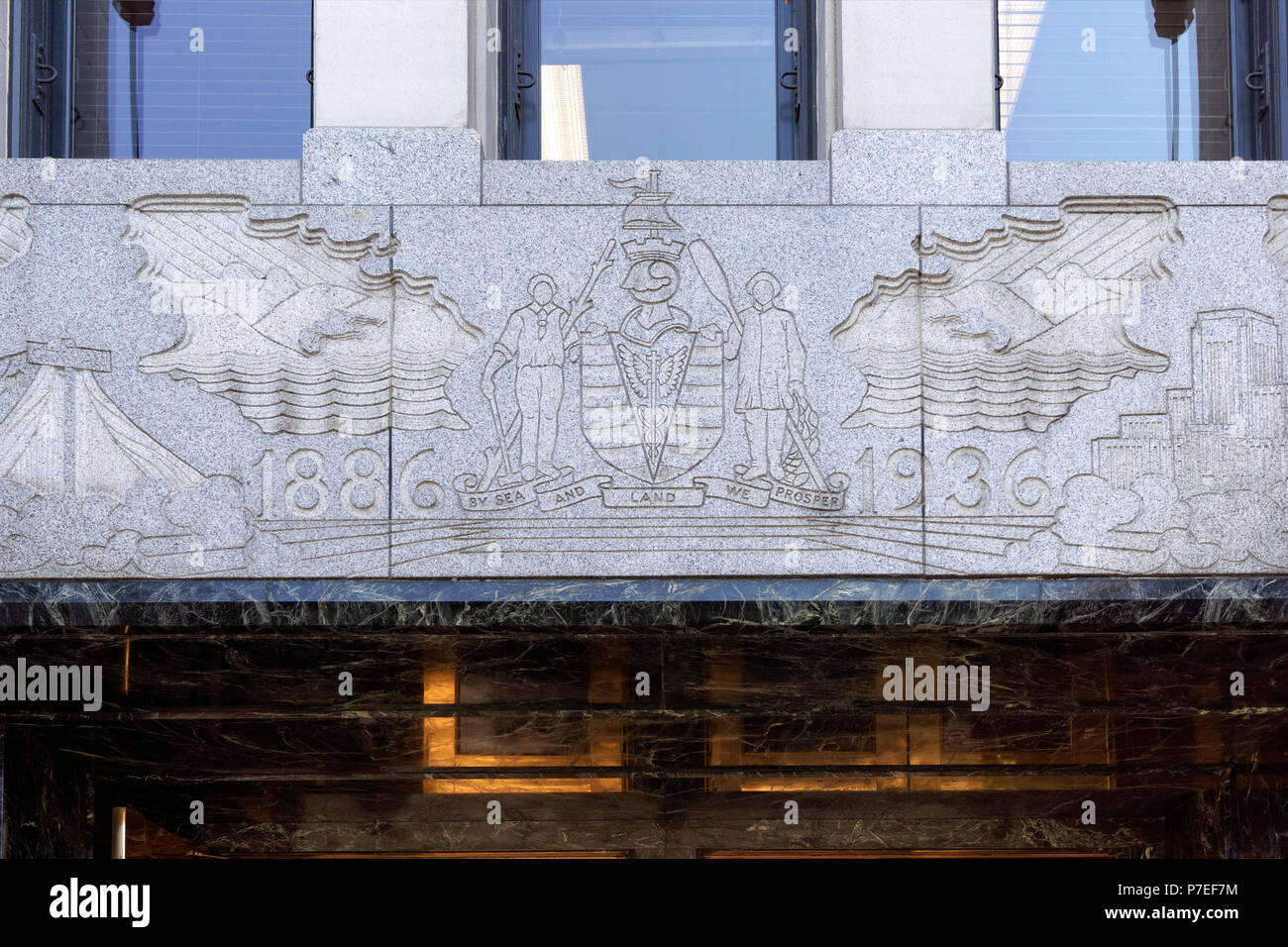 Coat of Arms of Vancouver and the city motto engraved above the
