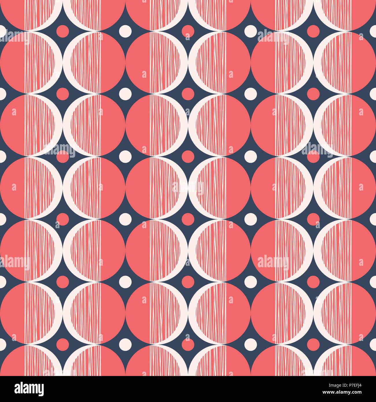 Retro Mod Style Vector Seamless Pattern with Red and Cream Textured Circles on Dark Blue Background. Stylish Fresh Geometric Graphic Mid century print Stock Vector