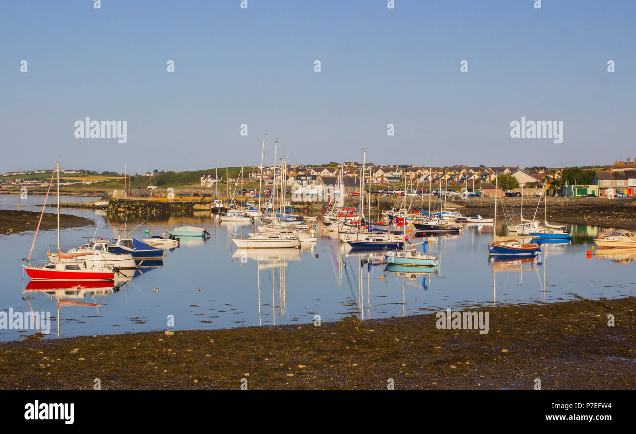 29 June 2018 Small pleasure boats and yachts on their moorings on a beautiful summer evening in Groomsport Village Harbour Co Down Northern Ireland Stock Photo