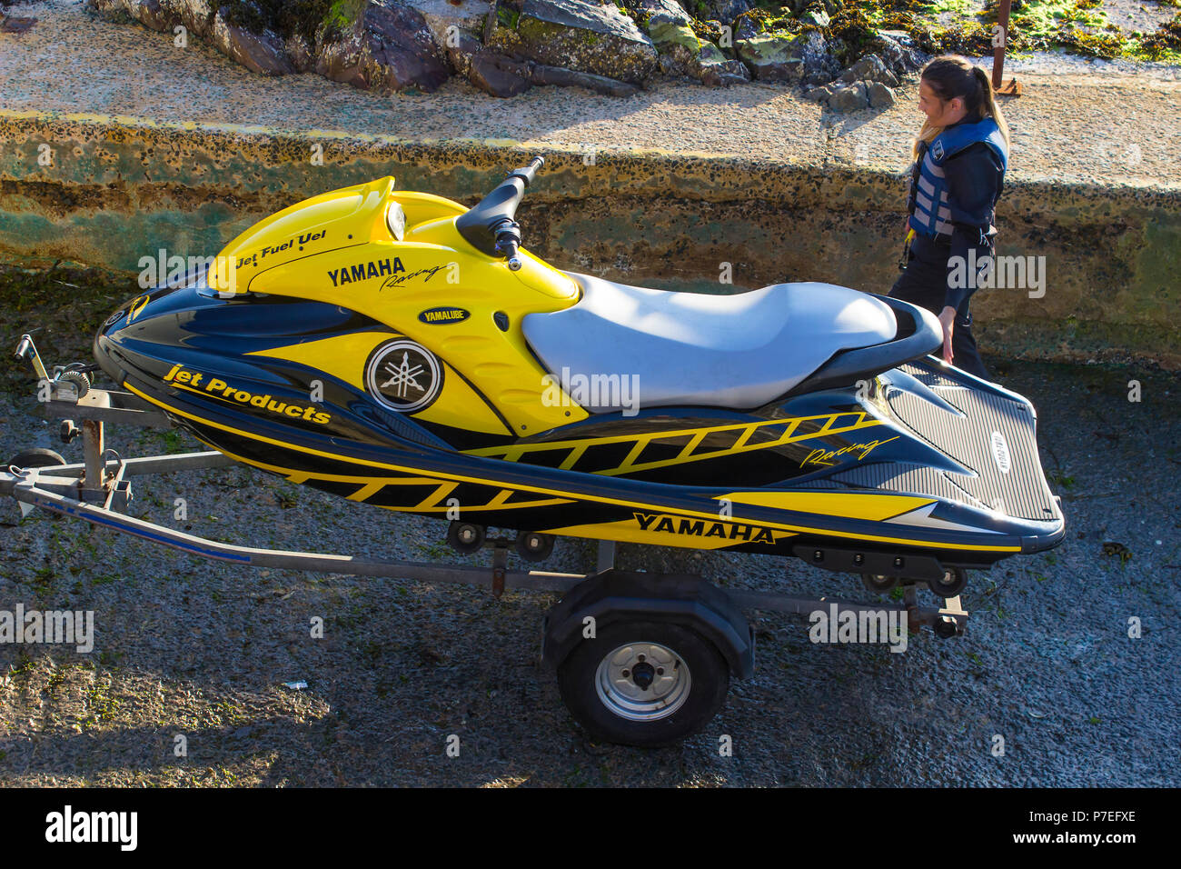 29 June 2018 A powerful Yamaha Jet-Ski on a trailer before launching at Groomsport Harbour Northern Ireland Stock Photo