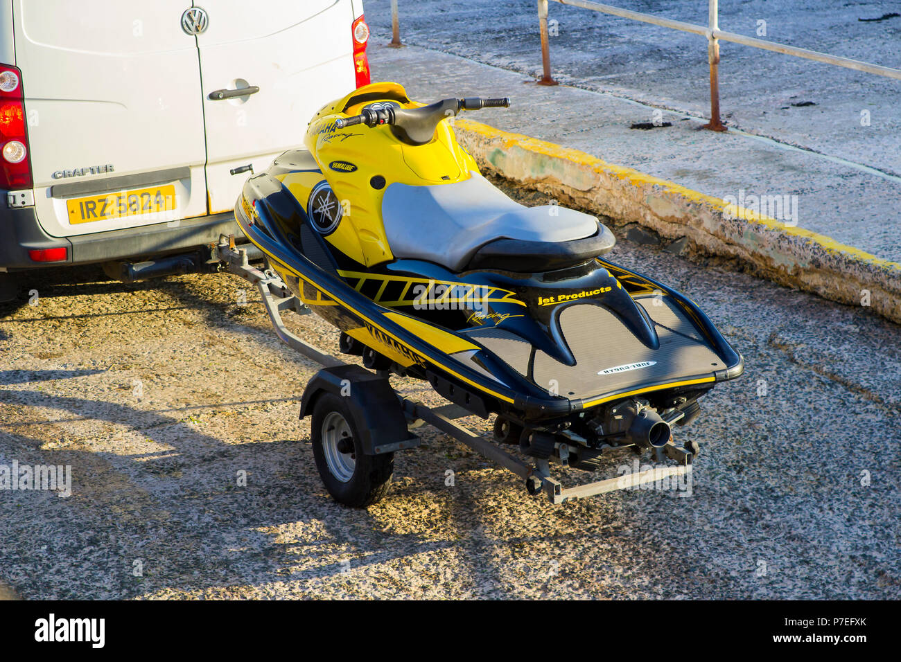 29 June 2018 A powerful Yamaha Jet-Ski on a trailer before launching at Groomsport Harbour Northern Ireland Stock Photo