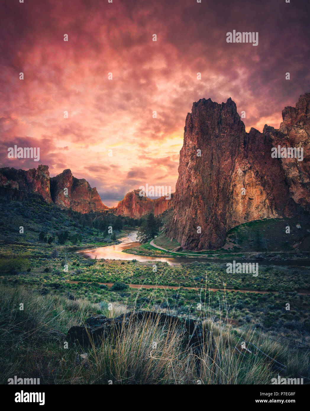 Sunset falls in the gorgeous Smith Rock State Park near Bend Oregon. Stock Photo