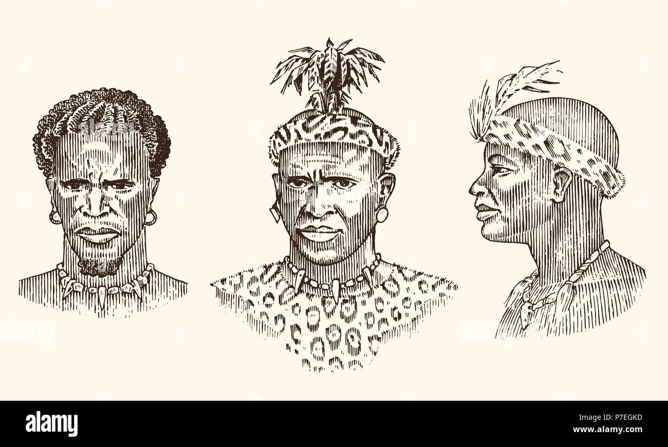 African tribes, portraits of Aborigines in traditional costumes. Australian Warlike black native man. Engraved hand drawn old monochrome Vintage sketch for label. Stock Vector