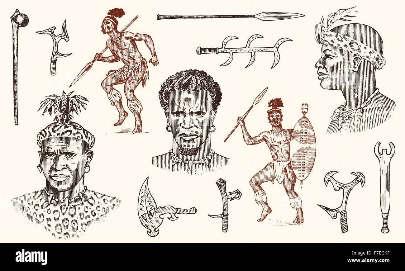 African tribes, portraits of Aborigines in traditional costumes. Australian Warlike black native man with spears and weapons. Engraved hand drawn old monochrome Vintage sketch for label. Stock Vector