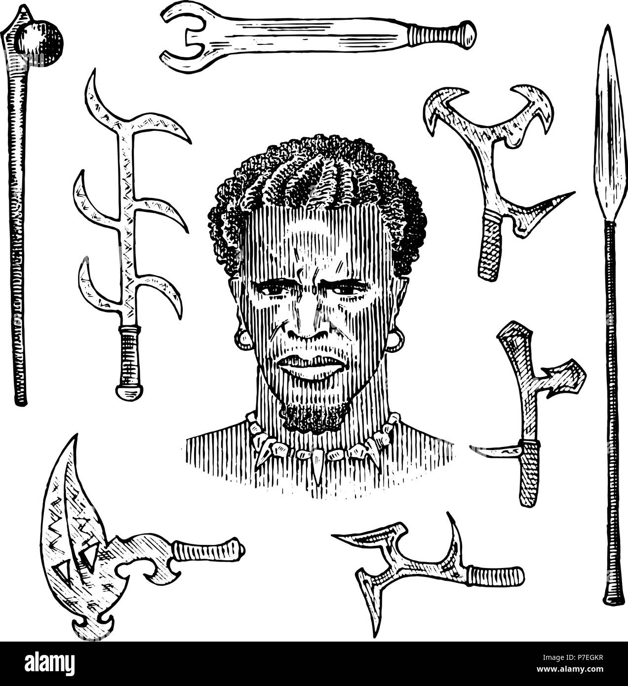 African tribe with spears and weapons, portrait of Aborigine in traditional costume. Australian Warlike black native man. Engraved hand drawn old monochrome Vintage sketch for label. Stock Vector
