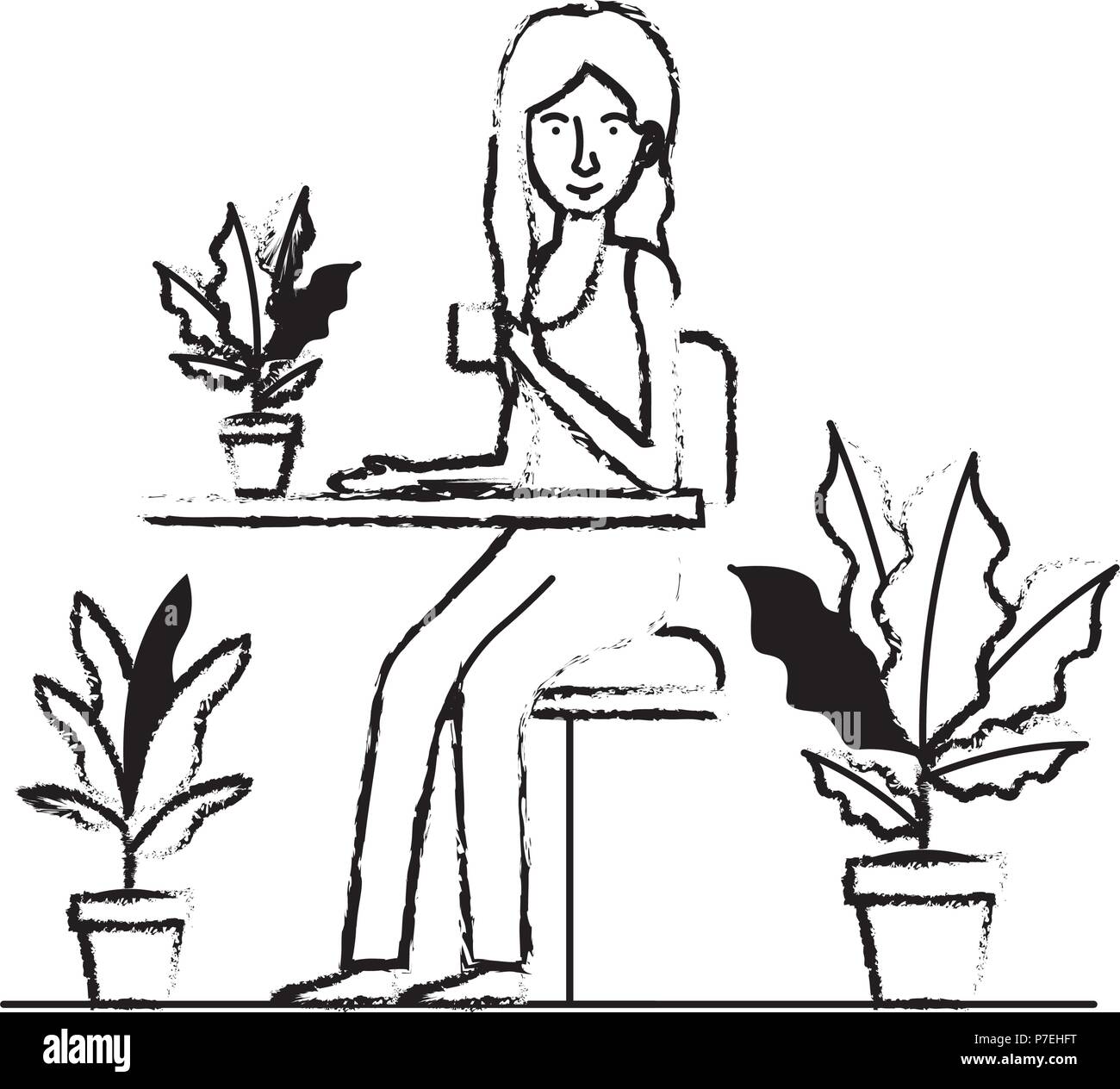 woman in the table drinking coffee with house plants Stock Vector