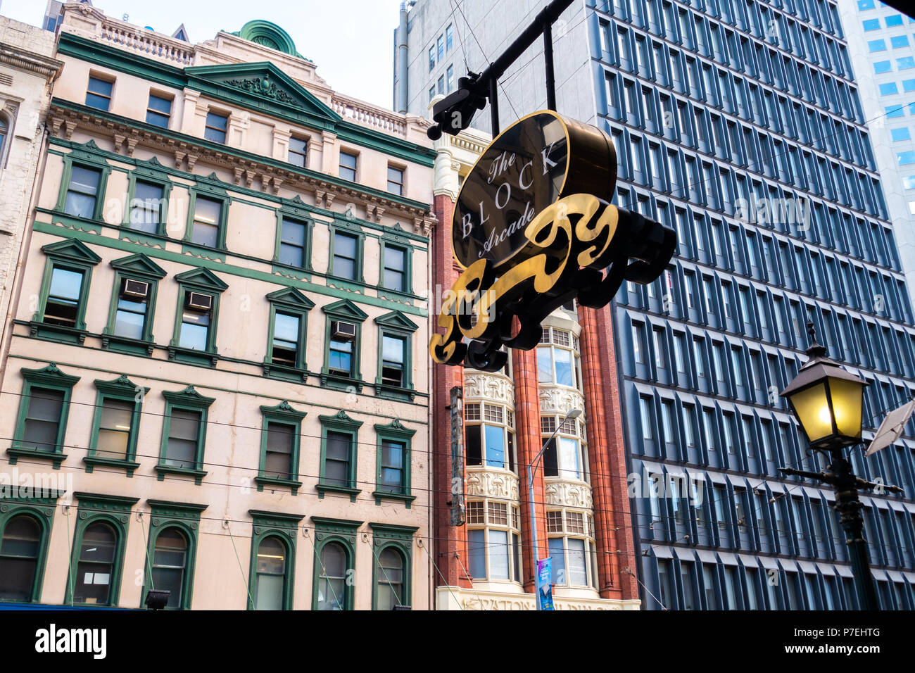 Sign of the Block Arcade against historic buildings. It is a heritage and the most famous boutique shopping arcade in CBD of Melbourne. VIC Australia Stock Photo