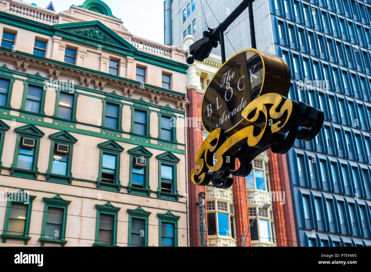 Sign of the Block Arcade against historic buildings. It is a heritage and the most famous boutique shopping arcade in CBD of Melbourne. VIC Australia Stock Photo