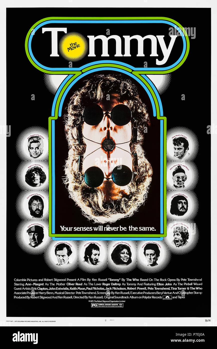 Tommy (1975) directed by Ken Russell and starring Roger Daltrey, Ann-Margret, Oliver Reed, Elton John, Eric Clapton, Keith Moon, Jack Nicholson and Pete Townshend. Tommy is struck deaf, dumb and blind and becomes a pinball legend when playing through intuition. Stock Photo