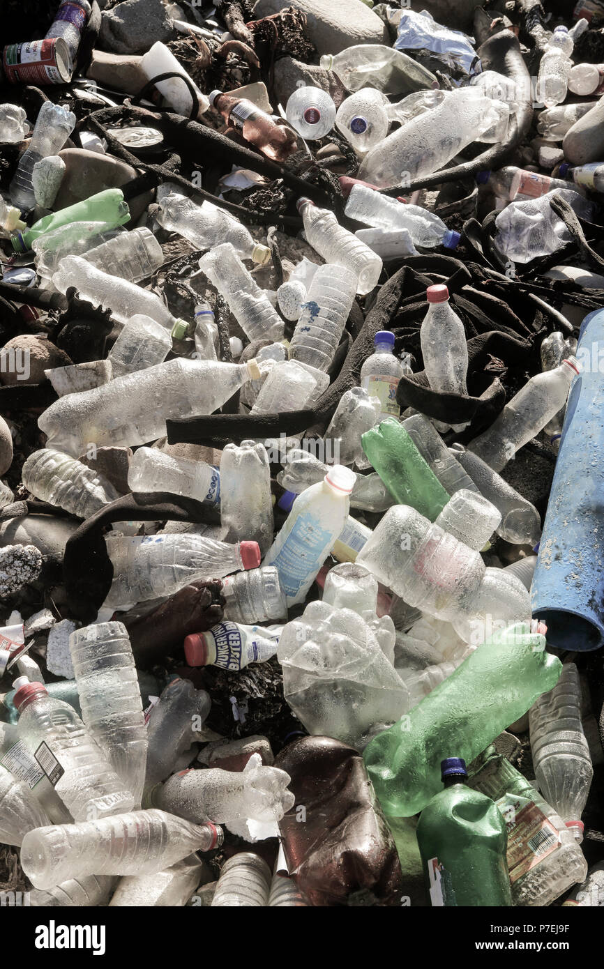 Empty single use plastic drinking bottles on rocks at Hout Bay, Cape