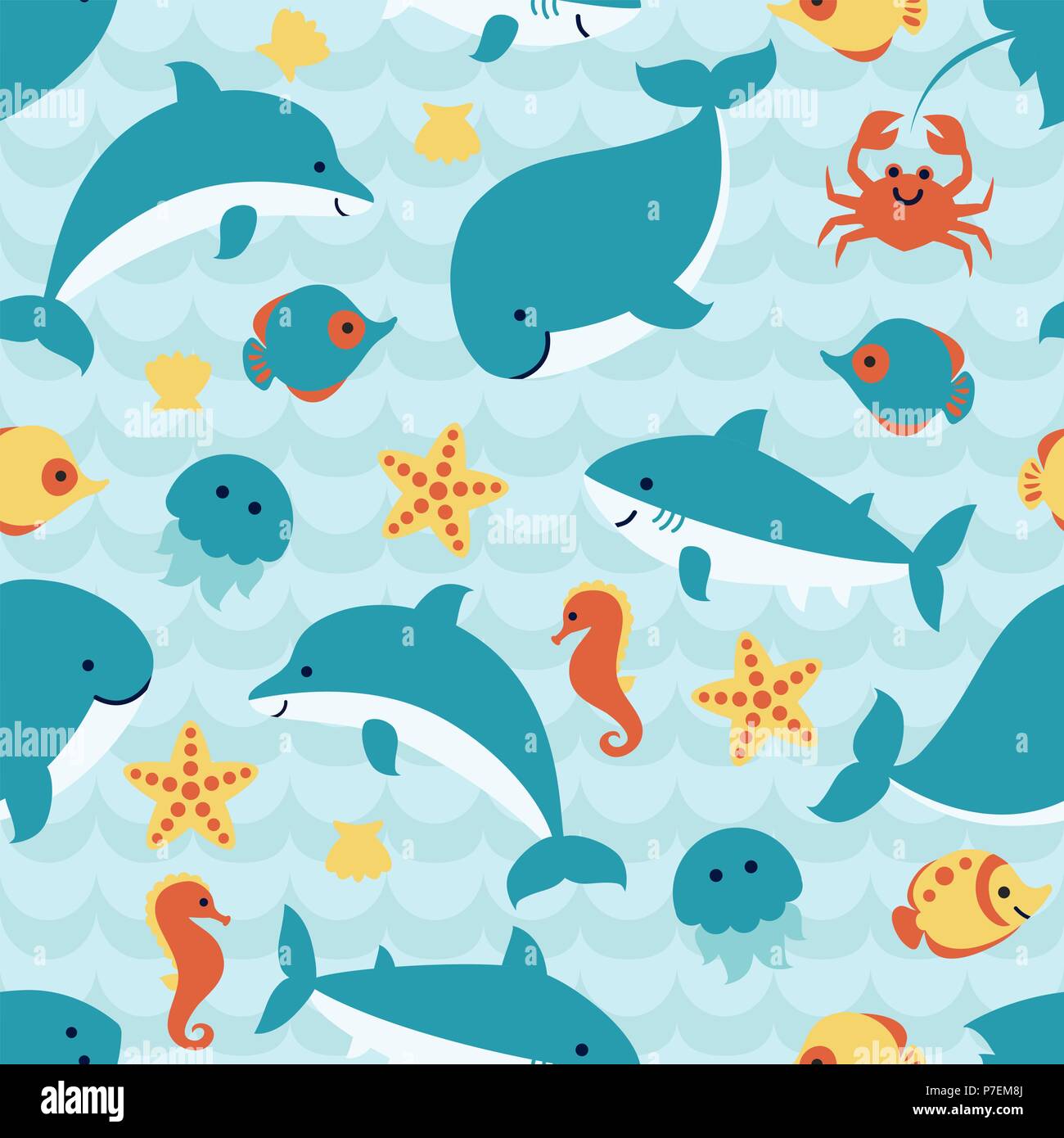 Seamless pattern with cute sea animals on blue wave background ...