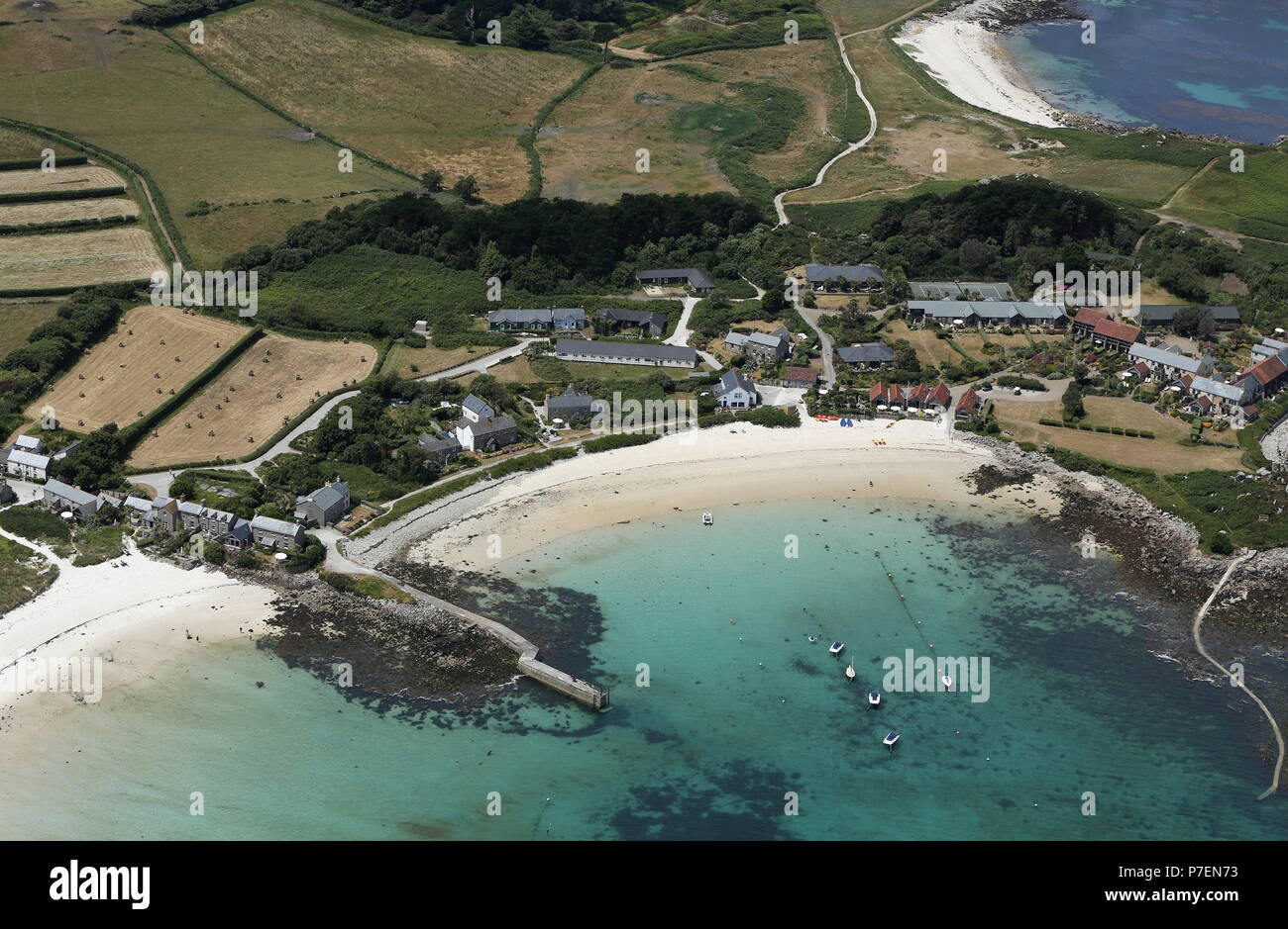 Aerial view of Old Grimsby and the beach on the Island of Tresco, in the Scilly Isles, U.K. Stock Photo