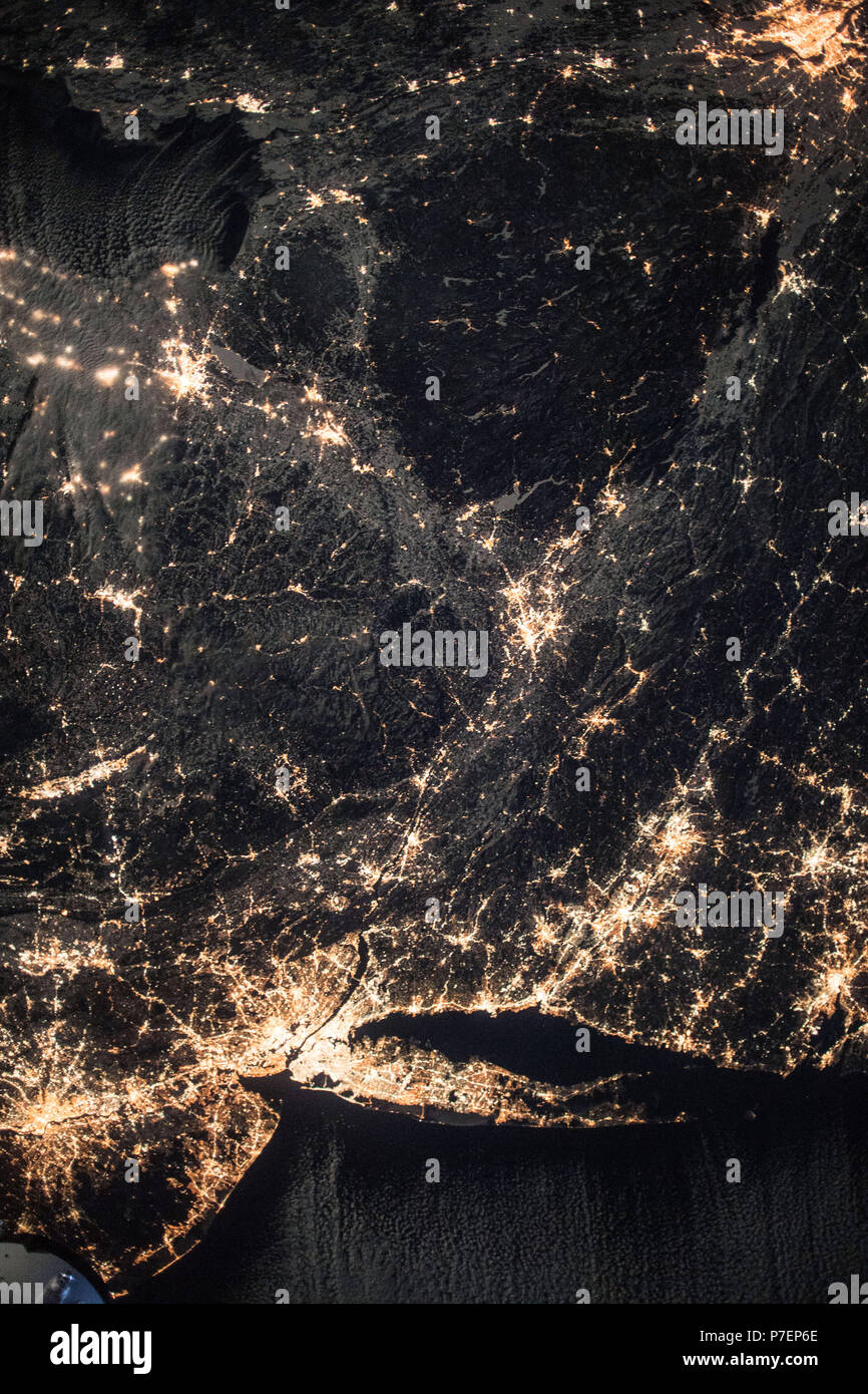 (Jan. 1, 2018) --- The northeastern United States and the well-lit coasts of New Jersey, New York and Connecticut as photographed by Expedition 54 crew members aboard the International Space Station in the wee hours of New Year’s Day. Stock Photo