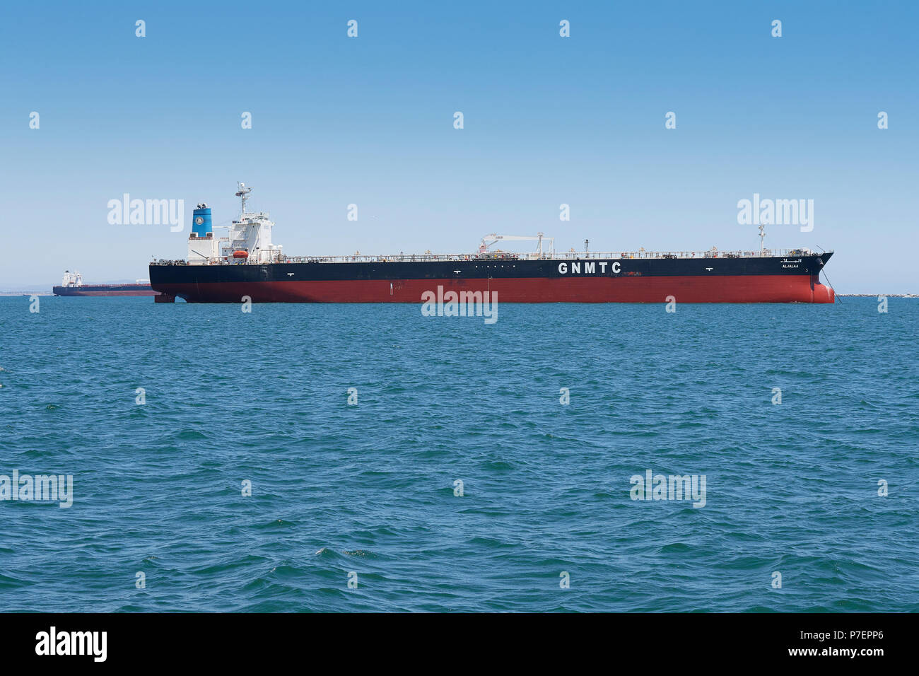 Giant Supertanker, GNMTC ALJALAA, Anchored In The Port Of Long Beach, California, USA. Stock Photo