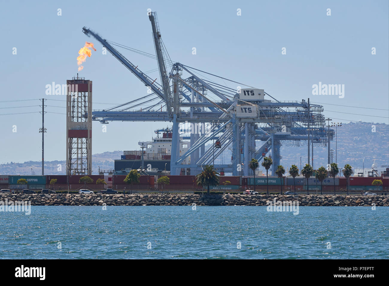 Flare Stack Burning Excess Gas From The Oil Fields In Long Beach California. Stock Photo