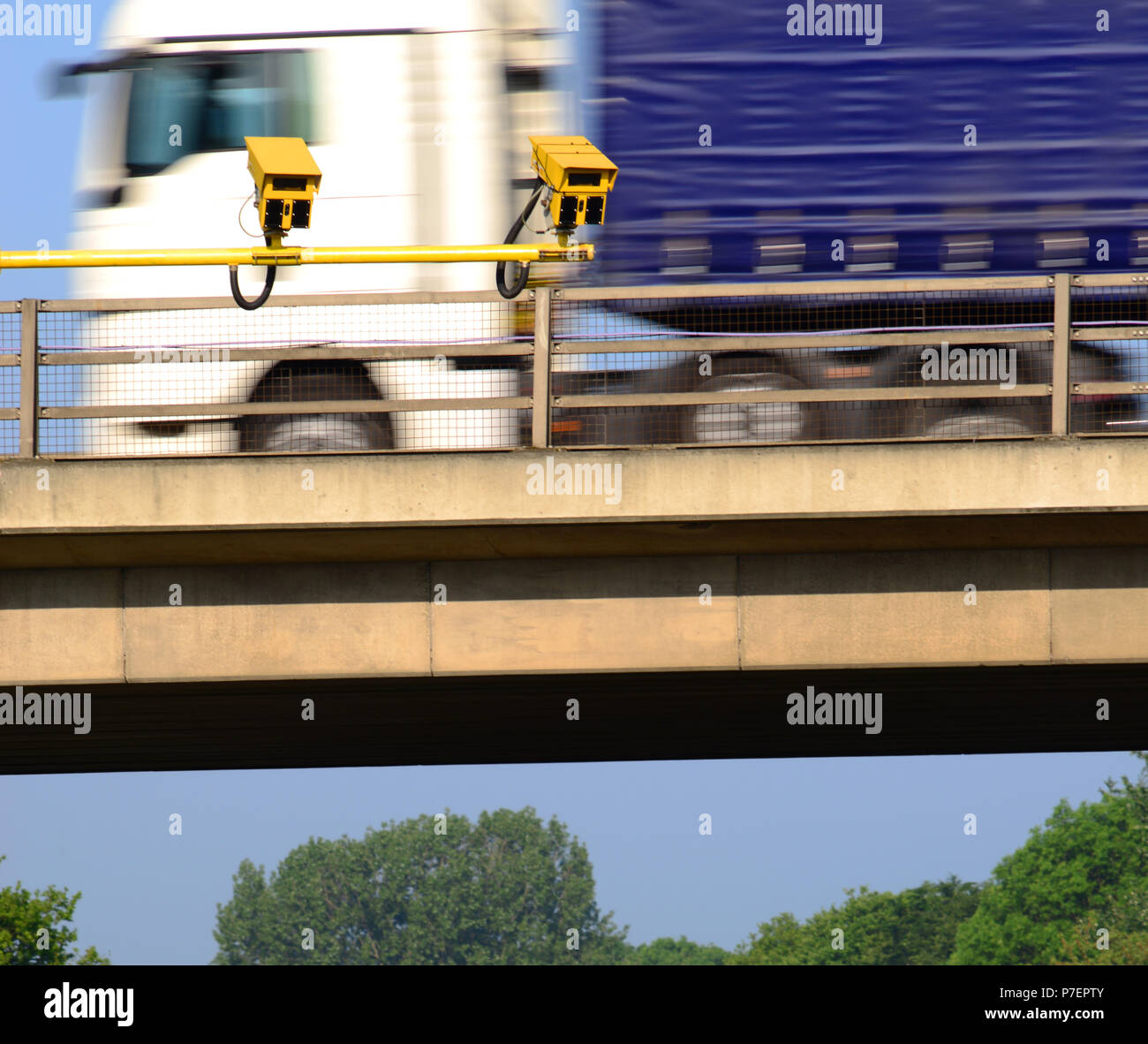 lorry passing average speed cameras at roadworks on the A64 york yorkshire united kingdom Stock Photo