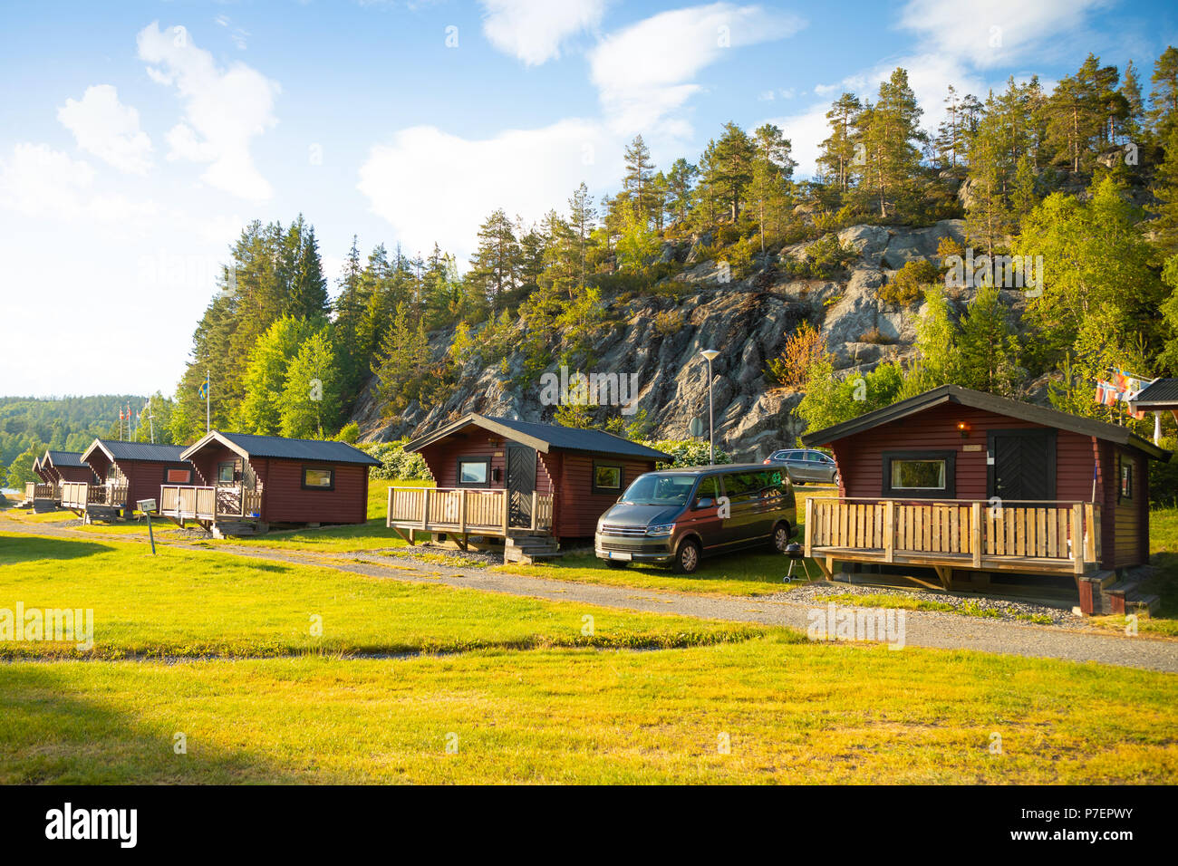 Red camping cabins for travelers in Sweden Stock Photo