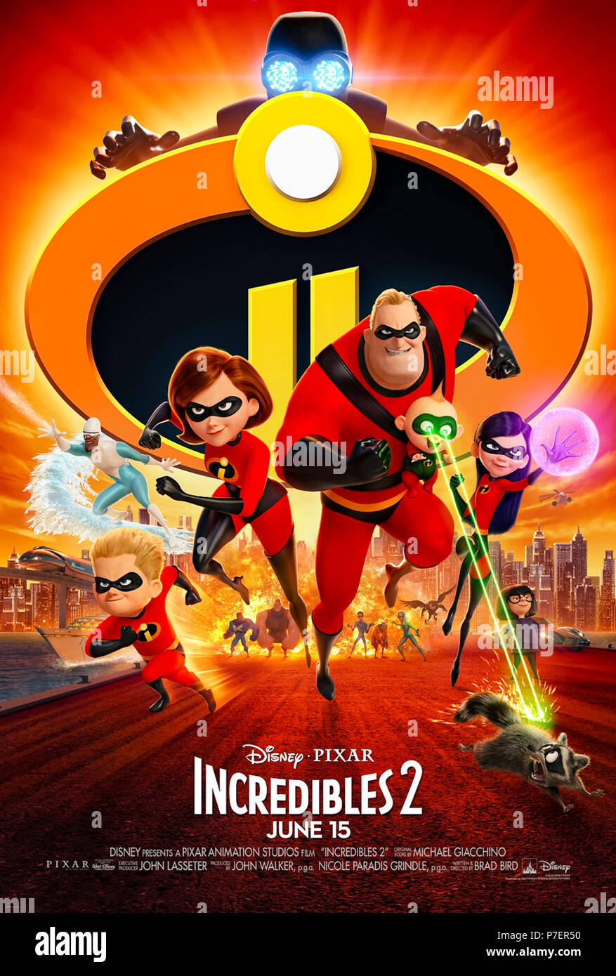 Incredibles 2 (2018) directed by Brad Bird and starring Craig T. Nelson, Holly Hunter, Sarah Vowell and Samuel L. Jackson. The family of superheroes is back and Mr Incredible must meet the greatest challenge of all. Stock Photo