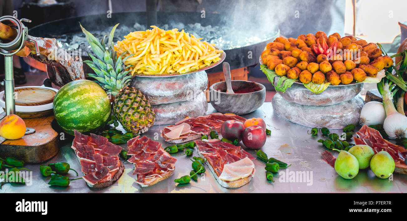 Delicious tasty street food at a market in Spain Stock Photo - Alamy