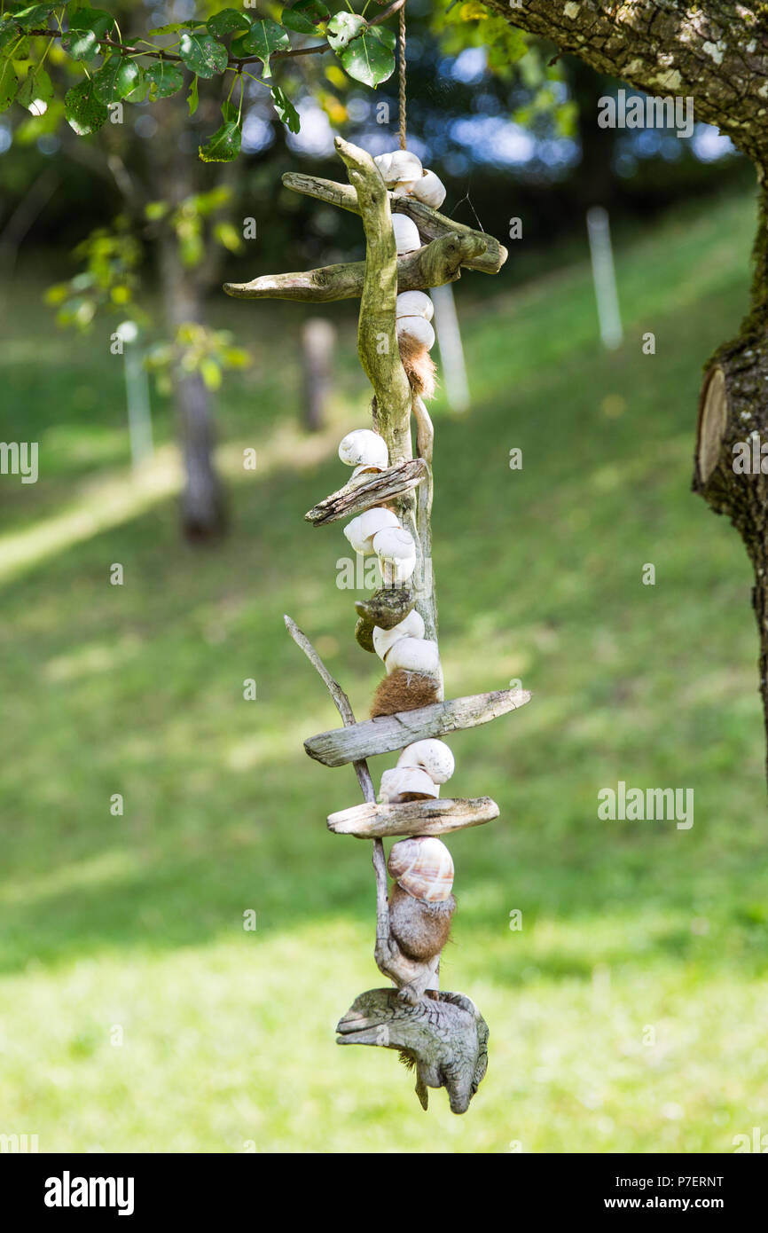 Home made Dried Wood and Snails Tree Hanging Decoration Stock Photo