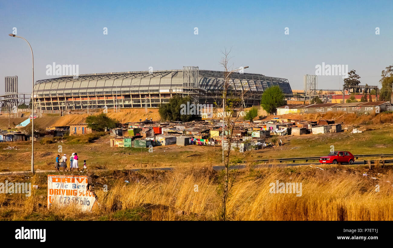 Johannesburg, South Africa, September 11, 2011, Informal tin shack housing in front of Orlando Stadium in Soweto Stock Photo