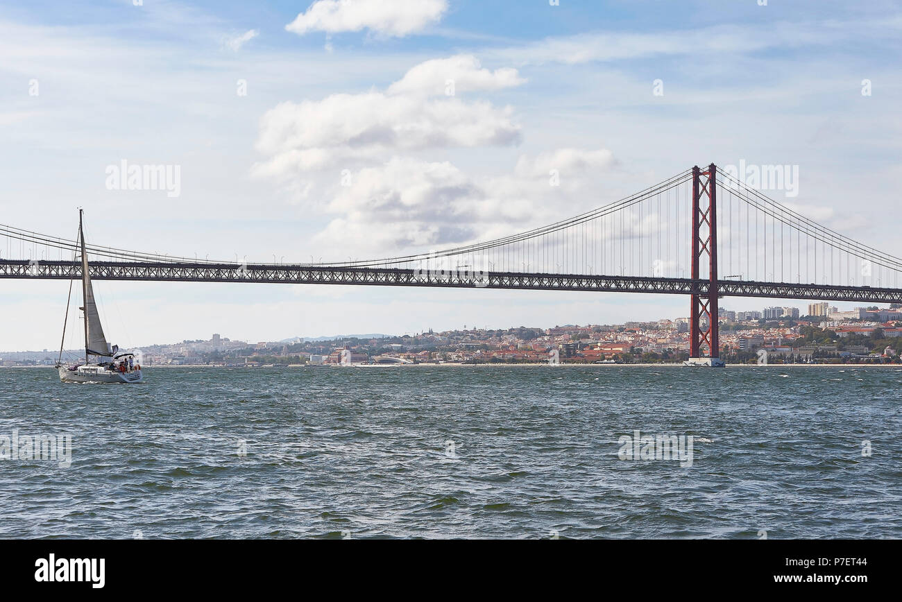 View with Ponte 25 de Abril and waterfront development. MAAT, Lisbon, Portugal. Architect: A LA, 2016. Stock Photo