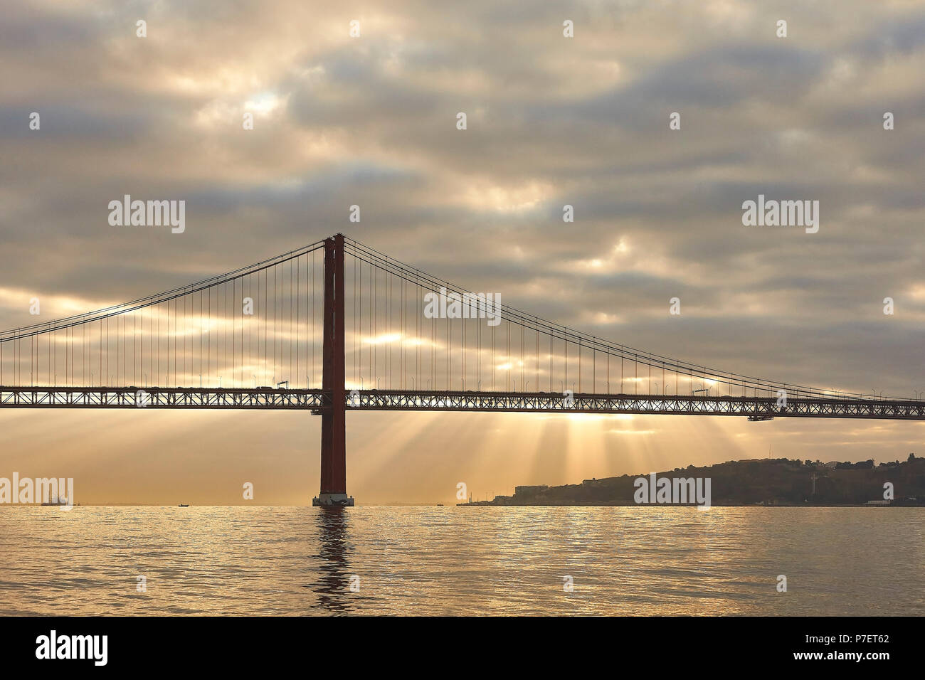 Morning elevation of Ponte 25 de April. MAAT, Lisbon, Portugal. Architect: A LA, 2016. Stock Photo