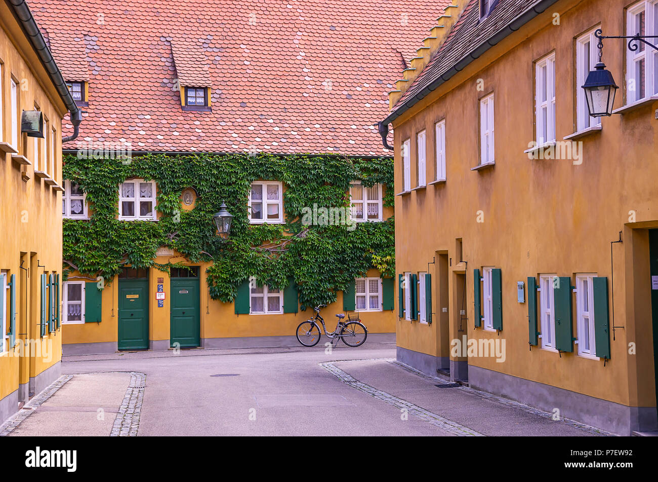 Fuggerei, Augsburg, Bavaria, Germany View through one of the alleys