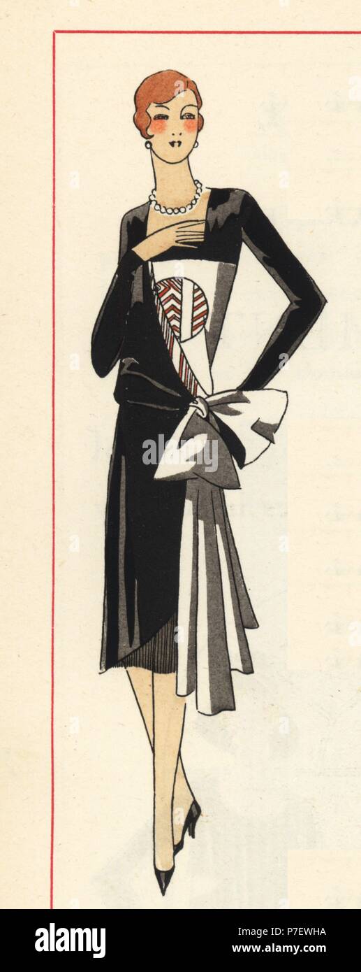 Afternoon dress in Moroccan crepe with large bow at waist. Handcolored pochoir (stencil) lithograph from the French luxury fashion magazine Art, Gout, Beaute, 1928. Stock Photo