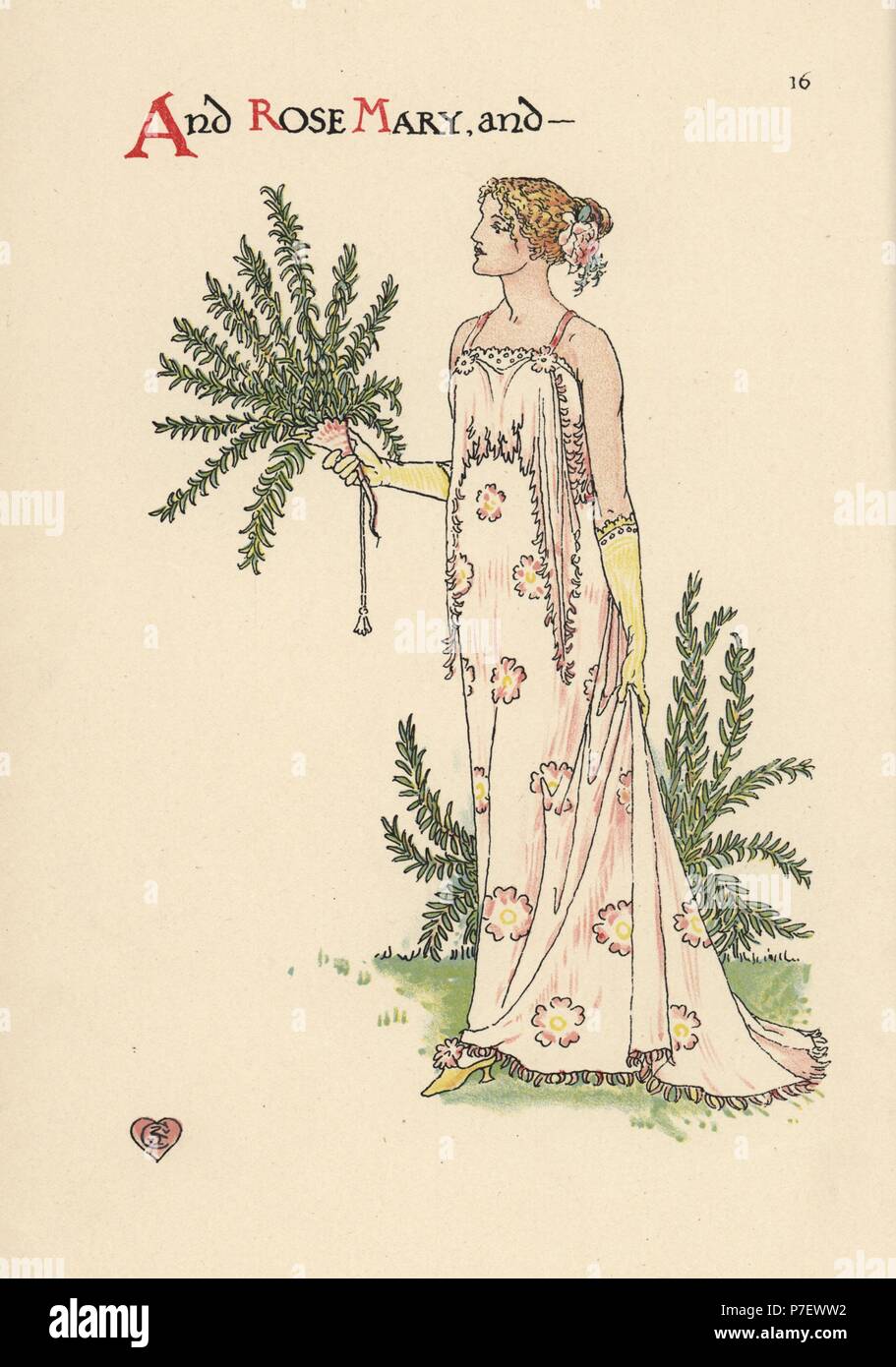 sachin and babi light blue dress Flower fairy of rosemary, Rosmarinus officinalis, in evening dress with  bouquet of rosemary flowers. Chromolithograph after an illustration by  Walter Crane from A Flower Wedding, Cassell, London, 1905 Stock Photo