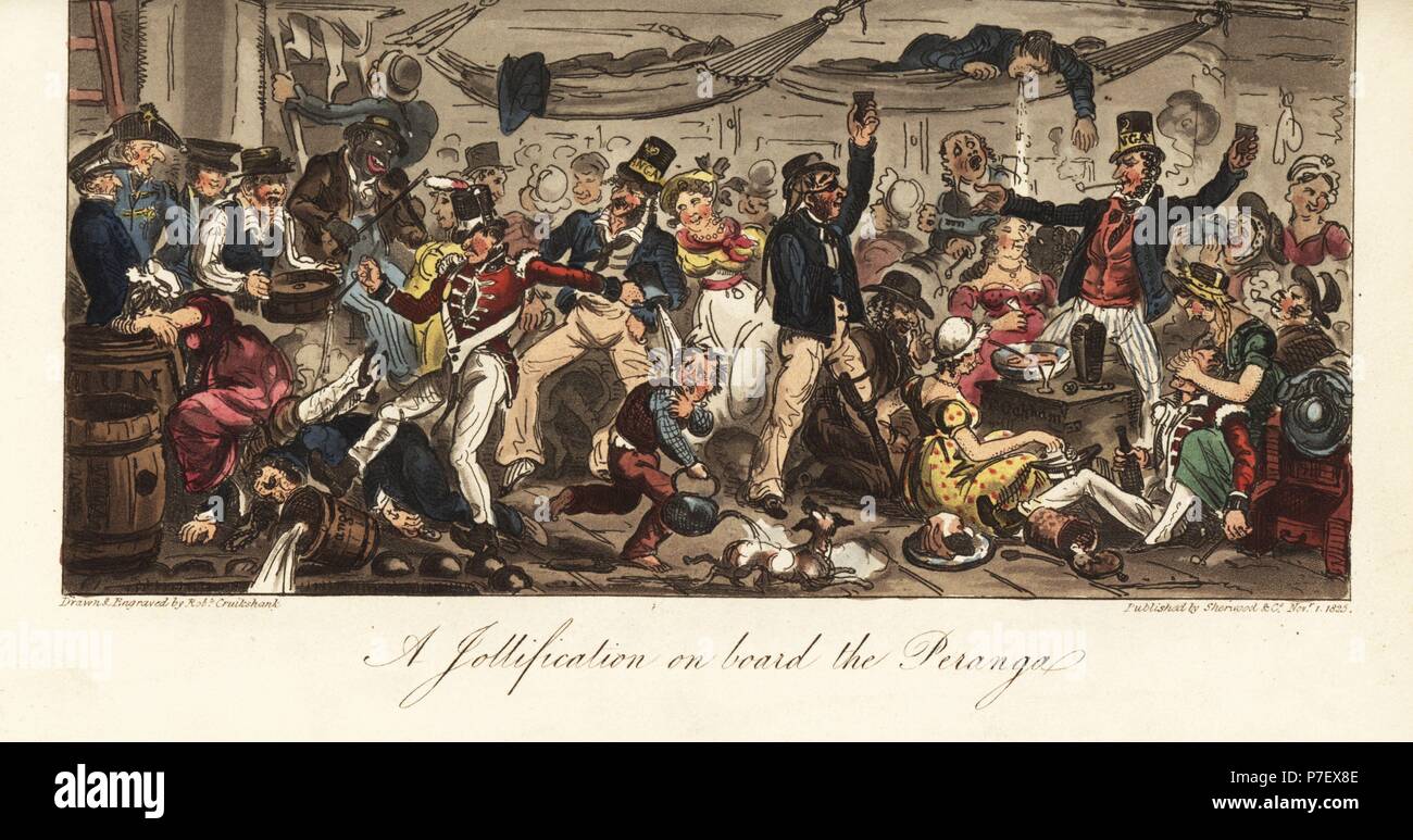 Sailors drinking rum punch and dancing with prostitutes below decks on a ship after the end of the Napoleonic Wars. A Jollification on board the Peranga. Handcoloured copperplate drawn and engraved by Robert Cruikshank from The English Spy, London, 1825. Written by Bernard Blackmantle, a pseudonym for Charles Molloy Westmacott. Stock Photo