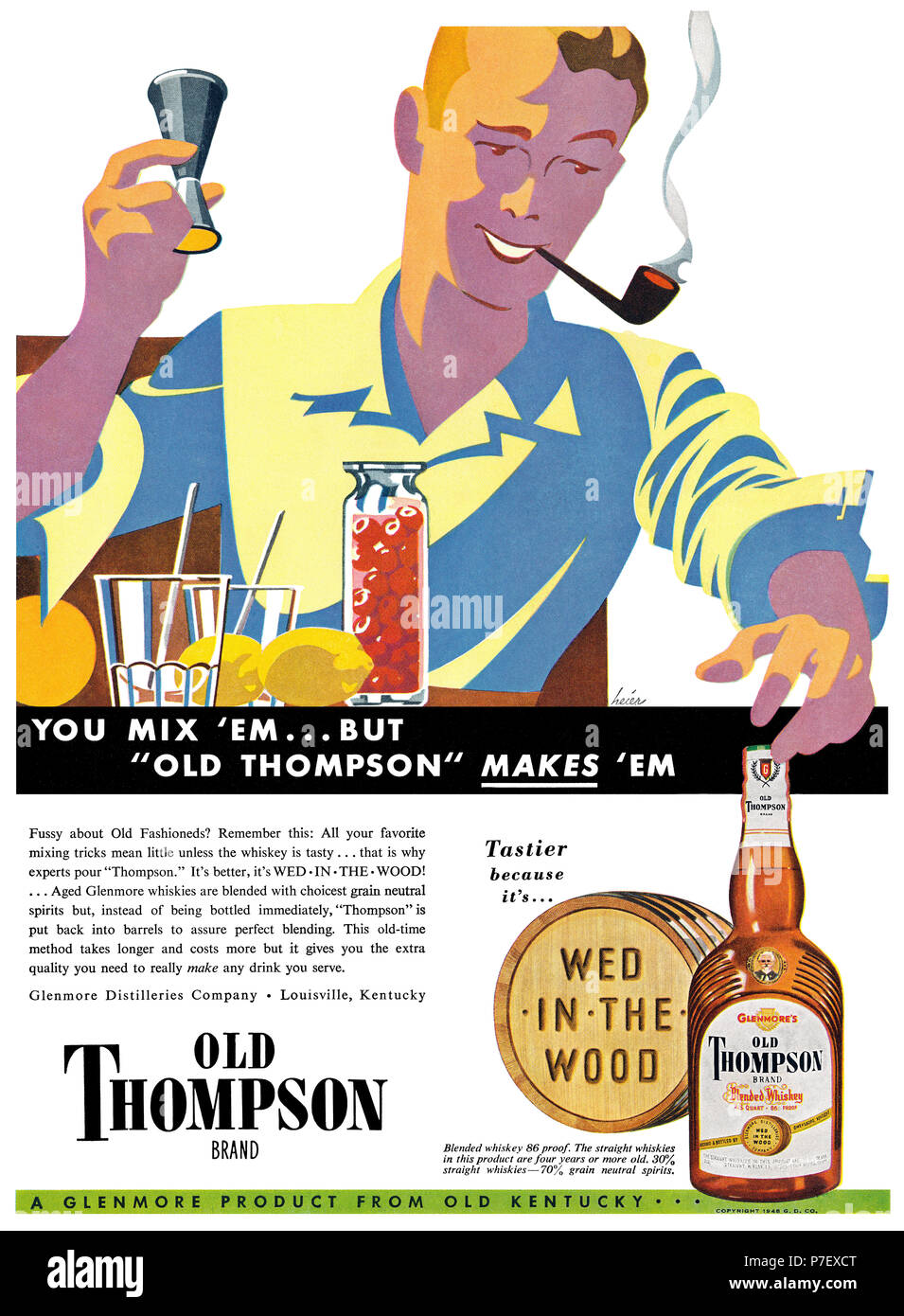 1948 U.S. advertisement for Glenmore Old Thompson blended whiskey. Stock Photo