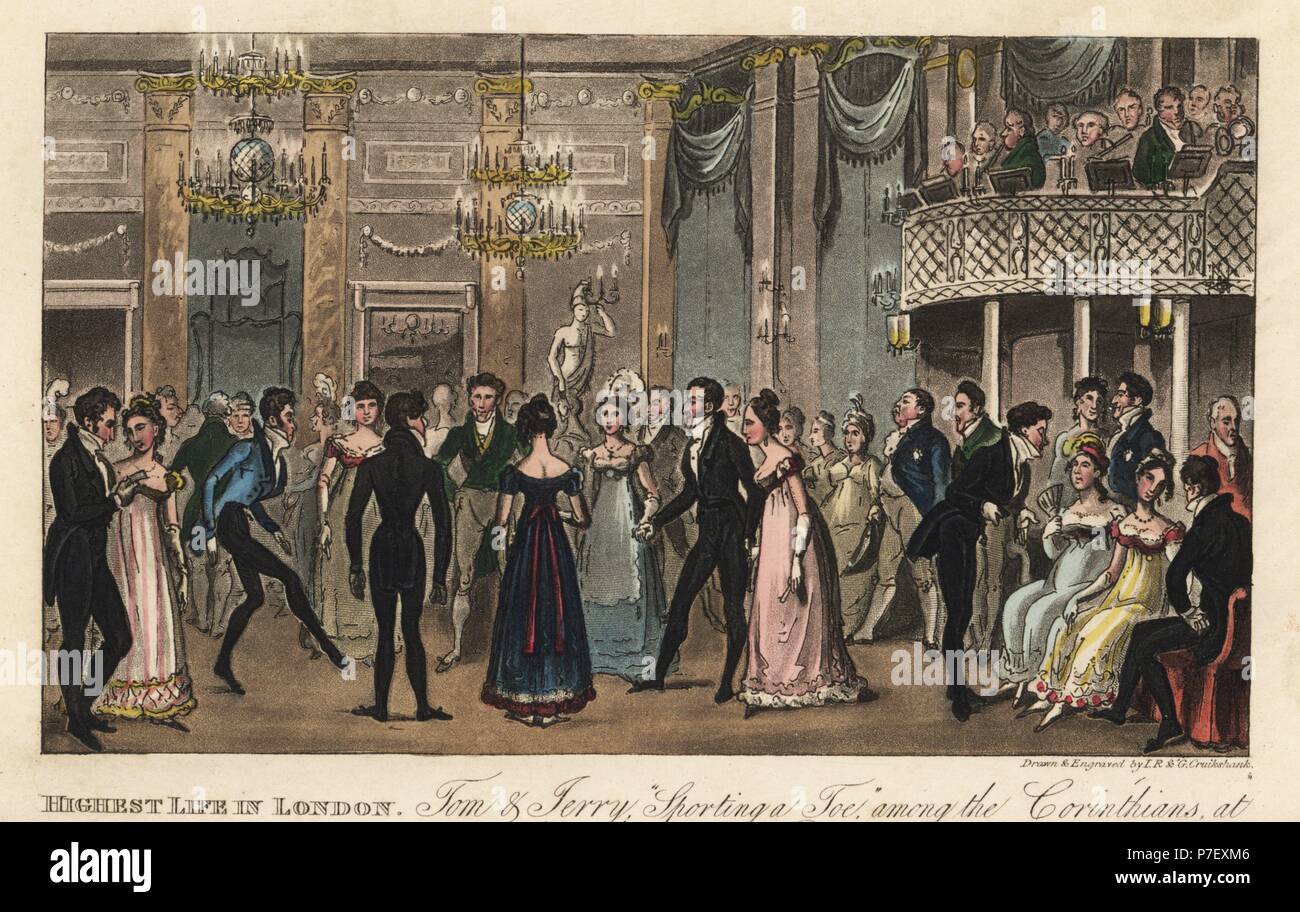 English dandies and ladies dancing the quadrille at a fashionable club, 1820. Tom and Jerry Sporting a Toe among the Corinthians at Almacks in the West. Handcoloured copperplate engraving by Isaac Robert Cruikshank and George Cruikshank from Pierce Egan's Life in London, Sherwood, Jones, London, 1823. Stock Photo