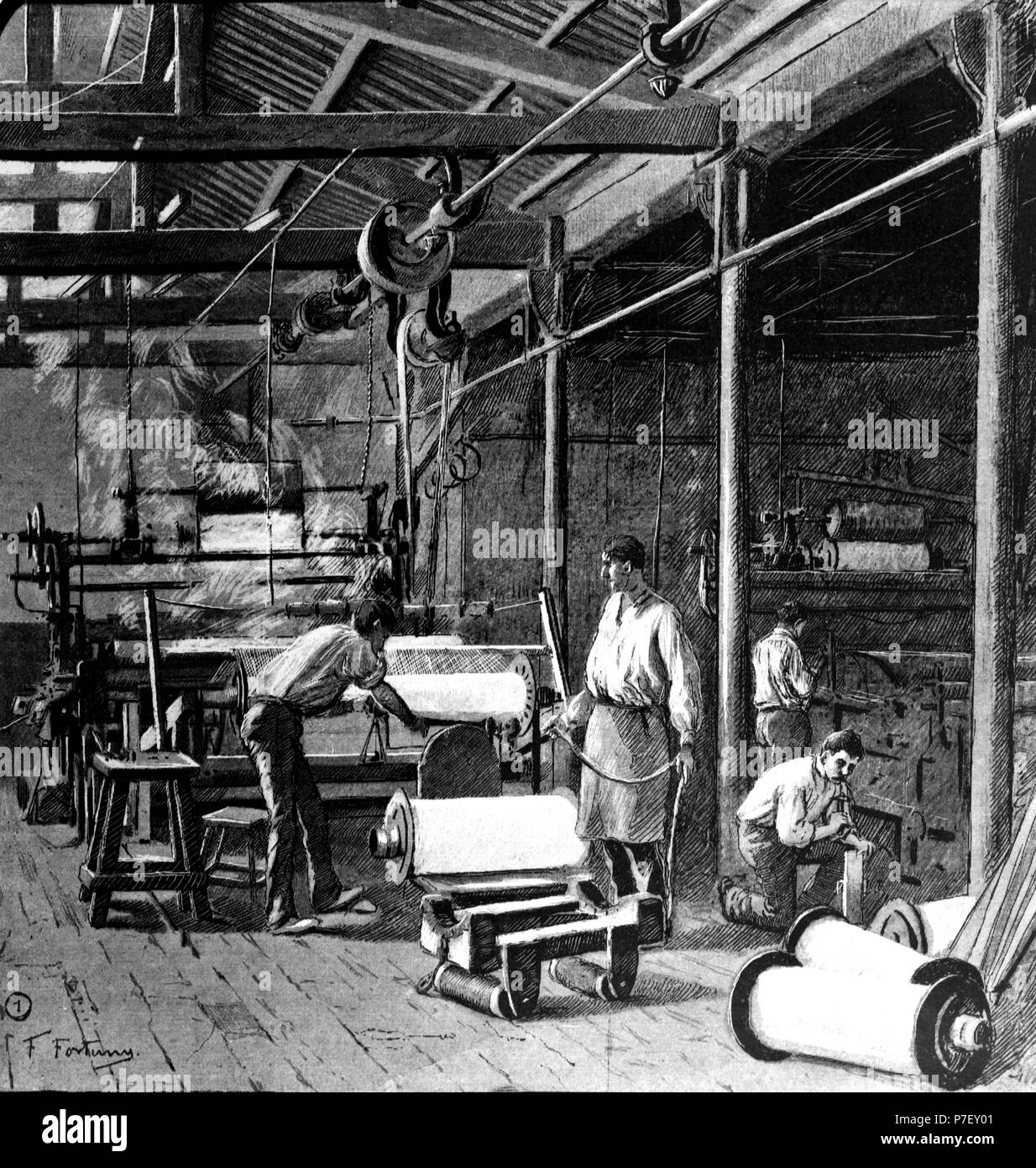 Interior de la fábrica textil equipada con máquinas de vapor "Vapor Vell",  del barrio de Sants de Barcelona. Dibujo de Francisco Fortuny Stock Photo -  Alamy