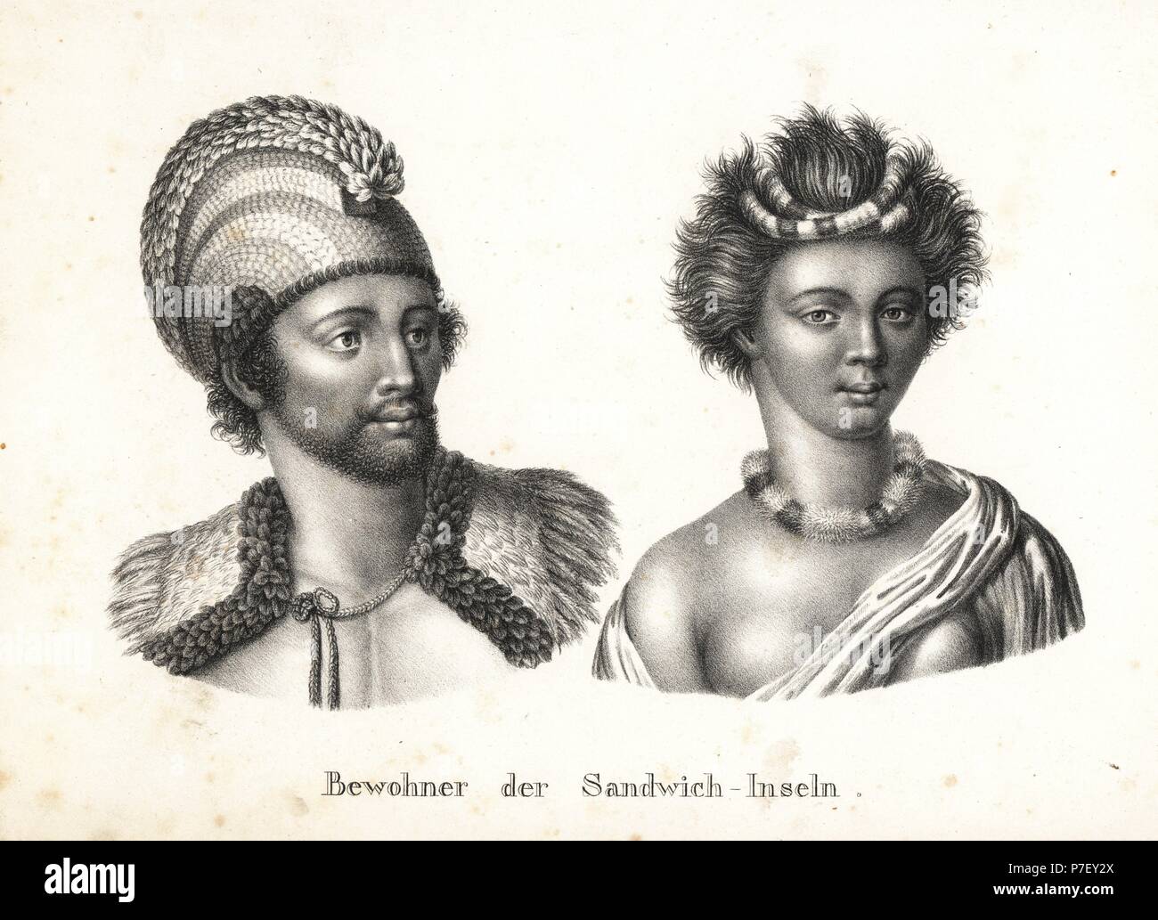 Kalaimanokahoowaha or Kanaina, chief with helmet and cloak made of feathers, and Poeta, his wife, in a feather lei necklace and beads in her hair. (Both after John Webber.) Lithograph by Karl Joseph Brodtmann from Heinrich Rudolf Schinz's Illustrated Natural History of Men and Animals, 1836. Stock Photo