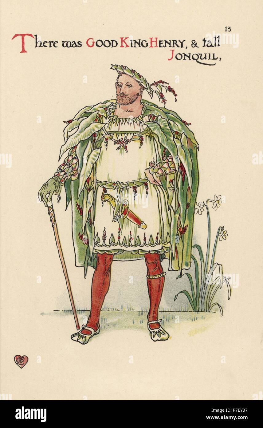 Flower fairy of Good King Henry, Chenopodium bonus-henricus, as Henry VIII in wreath, cape and hose. Chromolithograph after an illustration by Walter Crane from A Flower Wedding, Cassell, London, 1905. Stock Photo