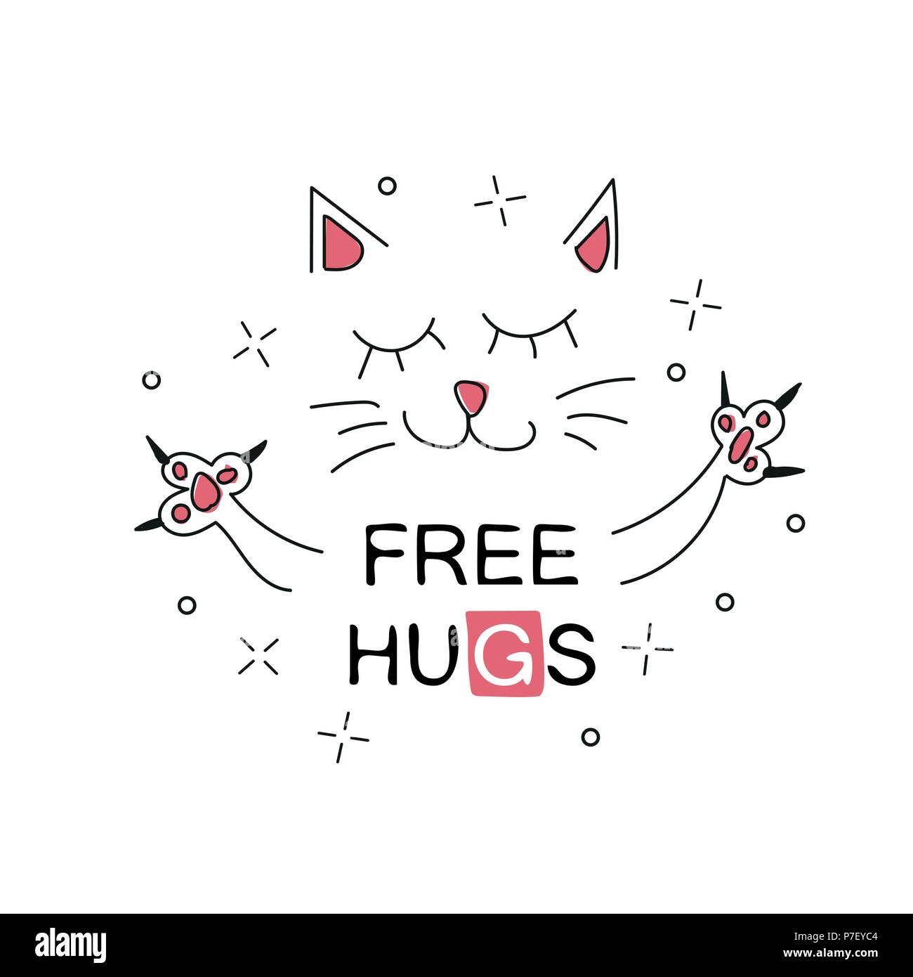 Vector illustration of cute cartoon hand drawn cat with open arms