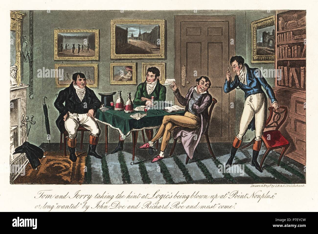 English dandies at the home of a bankrupt friend as he is evicted for debt. Tom and Jerry taking the hint at Logic's beling blown up at Point Nonplus or long wanted by John Doe and Richard Roe and must come. Handcoloured copperplate engraving by Isaac Robert Cruikshank and George Cruikshank from Pierce Egan's Life in London, Sherwood, Jones, London, 1823. Stock Photo