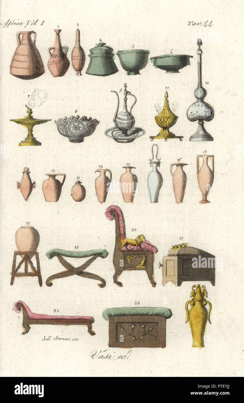 Ancient Egyptian vases, tableware and furniture, including earthenware