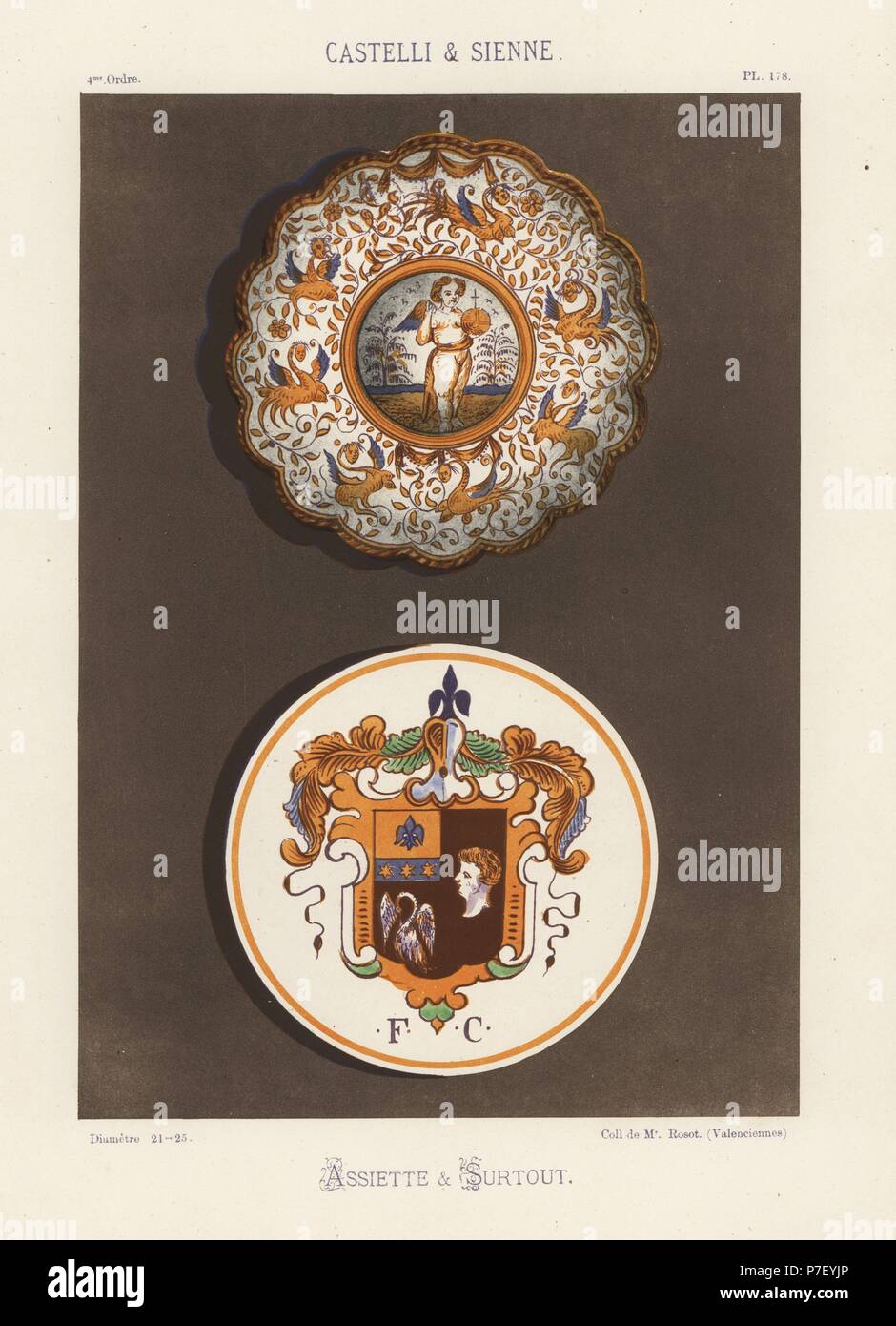 Plate and centerpiece from Castelli and Sienna, Renaissance maiolica ware. Decorated with an angel holding an orb in a border of chimaera and foliage, and heraldic escutcheon with the initials F.C. Hand-finished chromolithograph from Ris Paquot's General History of Ancient French and Foreign Glazed Pottery, Chez l'Auteur, Paris, 1874. Stock Photo