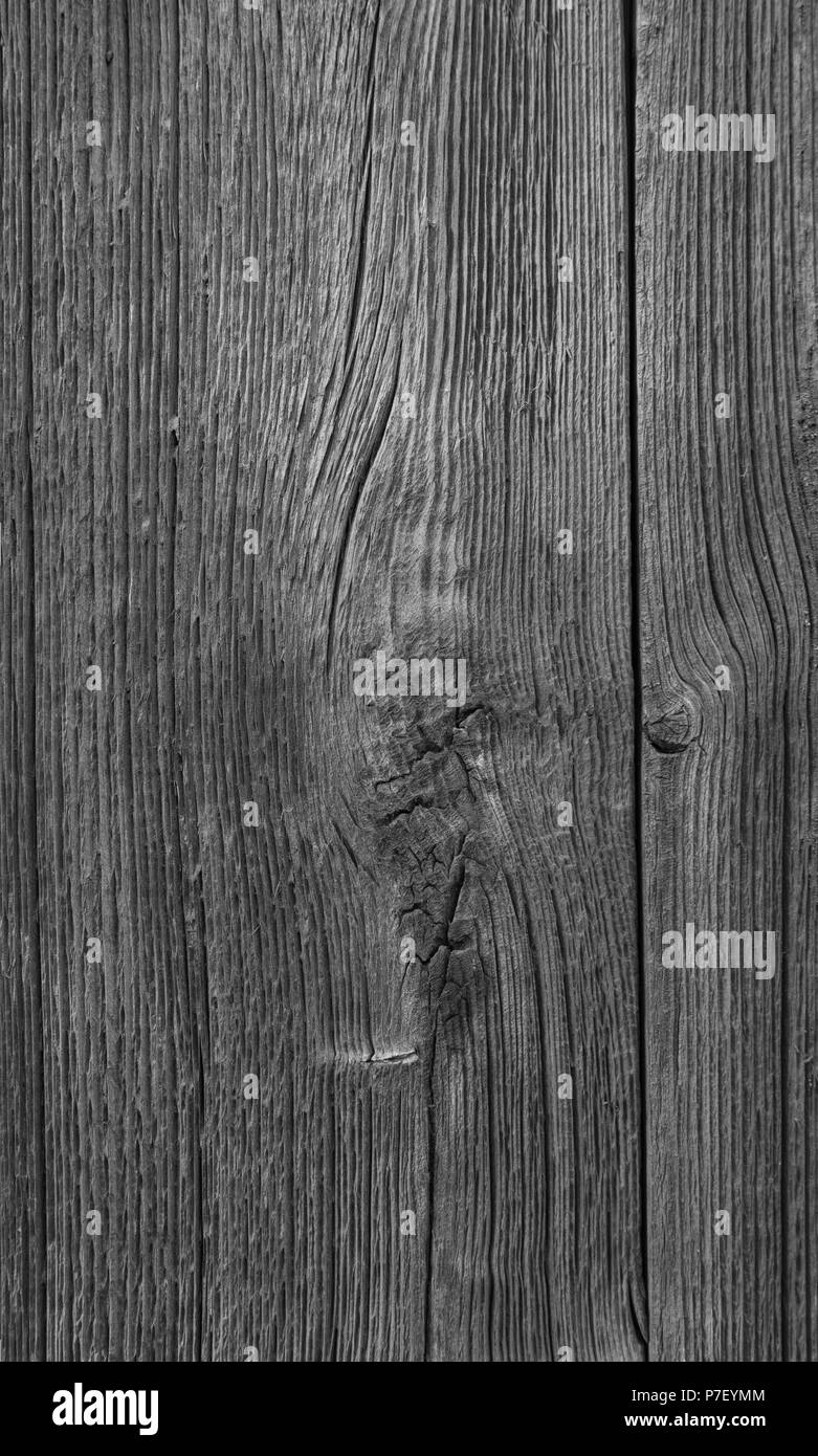 Close-up of an old and unpainted rustic wood board texture background in black and white Stock Photo