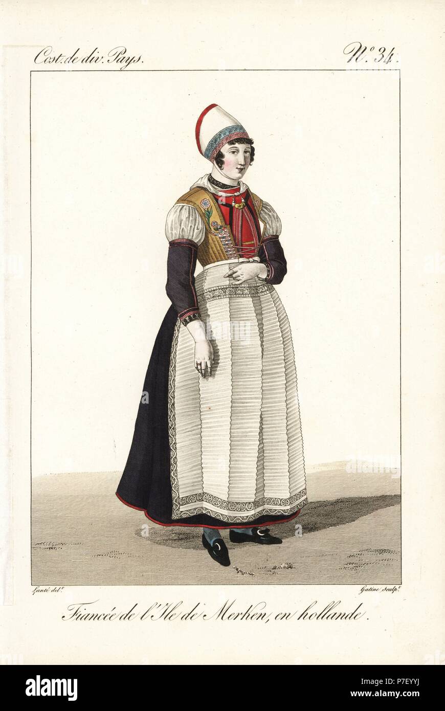 Betrothed girl of Marken Island, North Holland, Netherlands, 19th century. In traditional costume that is unchanged since the 13th century. She wears a high headdress, bodice, chemise, false sleeves, apron, and petticoats. Her embroidered apron has large vertical bands. Handcoloured copperplate engraving by Georges Jacques Gatine after an illustration by Louis Marie Lante from Costumes of Various Countries, Costumes de Divers Pays, Paris, 1827. Stock Photo