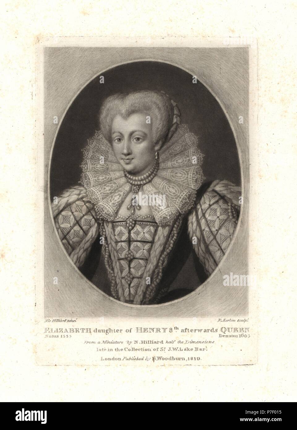 Elizabeth daughter of King Henry VIII later Queen Elizabeth I. Copperplate mezzotint by Richard Earlom after an original miniature painting by Nicholas Hilliard from Samuel Woodburn s Portraits of Cha...