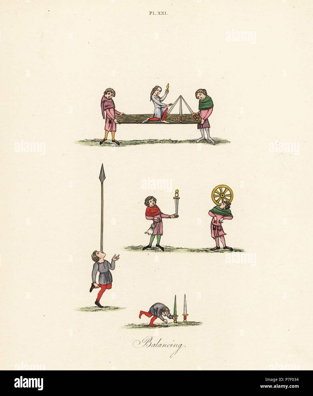 Girl balancing swords while held on a board by two men, 14th century ...