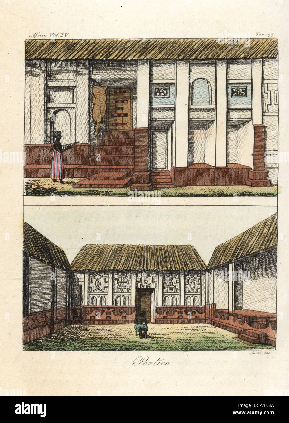 entrance-and-courtyards-in-houses-in-kumasi-kingdom-of-ashanti-ghana-early-19th-century-handcoloured-copperplate-engraving-by-antonio-sasso-from-giulio-ferrarios-ancient-and-modern-costumes-of-all-the-peoples-of-the-world-florence-italy-1843-P7F03A.jpg
