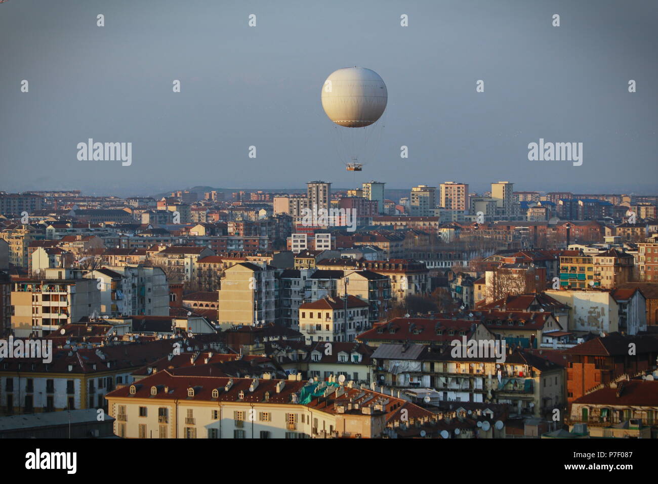 Turin, Italy: Fly over the city with the largest balloon restrained to the world Stock Photo