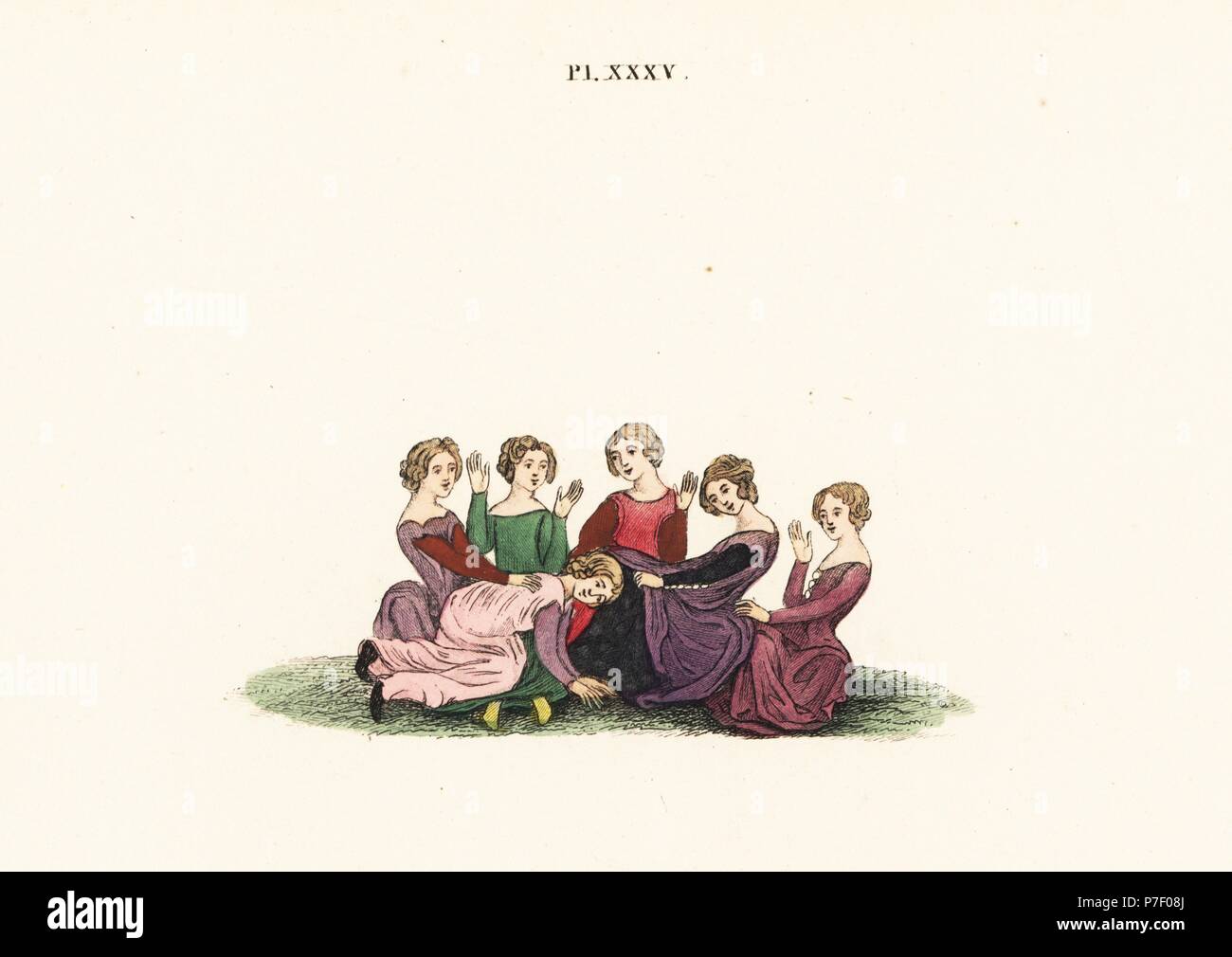 Women playing hot-cockles, where the kneeling girl must guess whose hand is  upon her, 14th