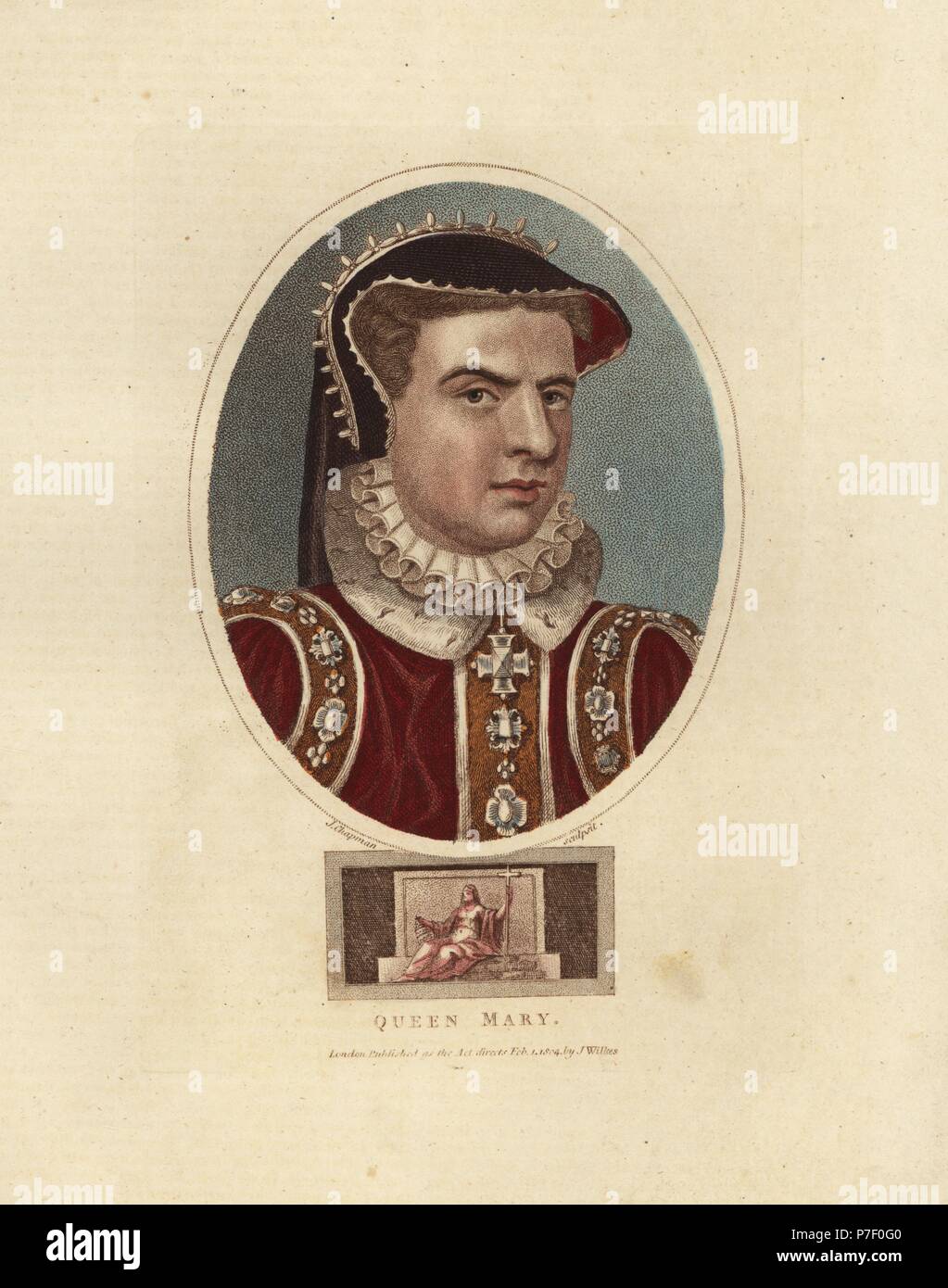 Portrait of Queen Mary I (15161558) of England, in velvet headdress, lace ruff, ermine collar