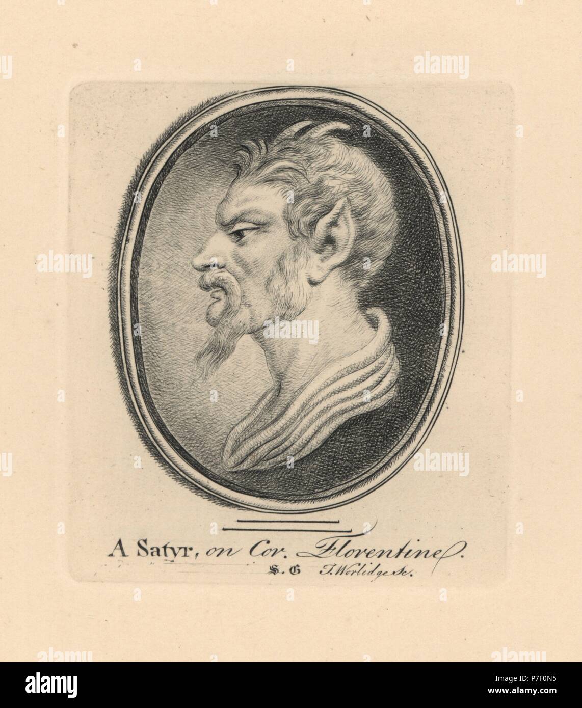 Portrait of a Satyr, with goat horns and pointed ears, on Florentine cornelian. Copperplate engraving by Thomas Worlidge from James Vallentin's One Hundred and Eight Engravings from Antique Gems, 1863. Stock Photo